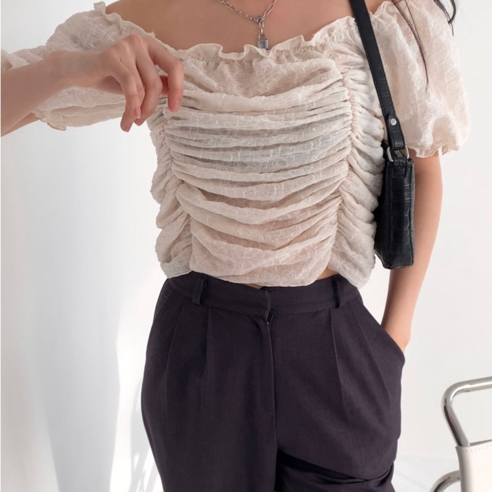 Stylenanda Ruched Off-Shoulder Crop Top in Cream